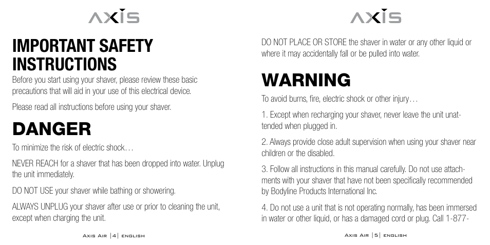 Important safety instructions, Danger, Warning | Bodyline Products International AXIS AIR SHAVER AX-5330 User Manual | Page 3 / 53