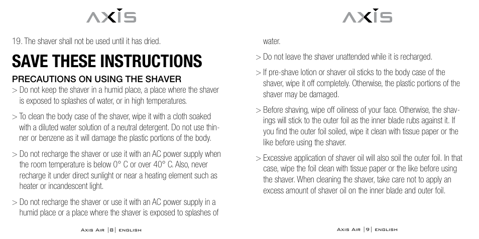 Save these instructions | Bodyline Products International AXIS AIR SHAVER AX-5330 User Manual | Page 5 / 53