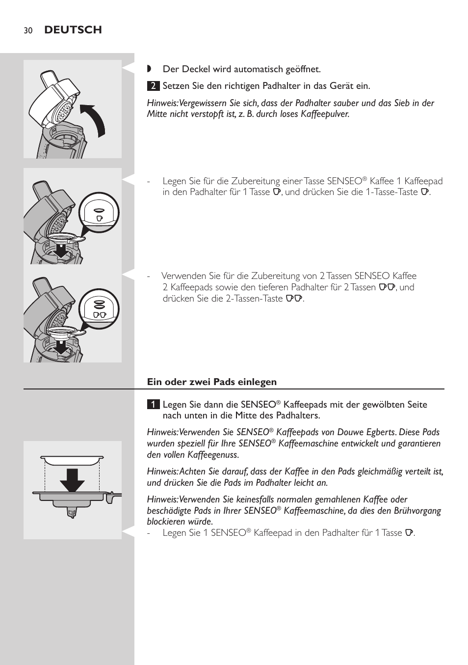 Deutsch | Philips SENSEO® Viva Café Premium Kaffeepadmaschine User Manual | Page 30 / 82