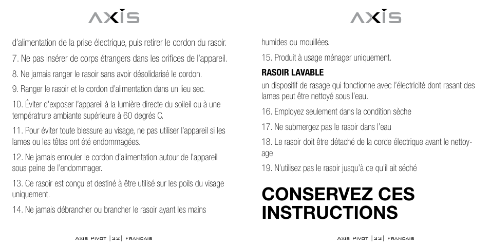 Conservez ces instructions | Axis AX-1330 User Manual | Page 17 / 45