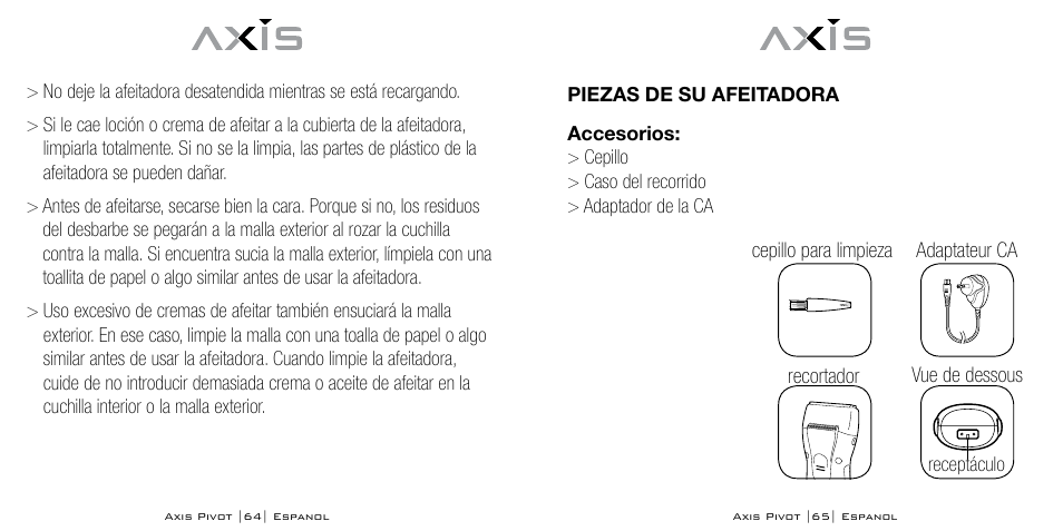 Adaptateur ca, Vue de dessous cepillo para limpieza recortador | Axis AX-1330 User Manual | Page 33 / 45