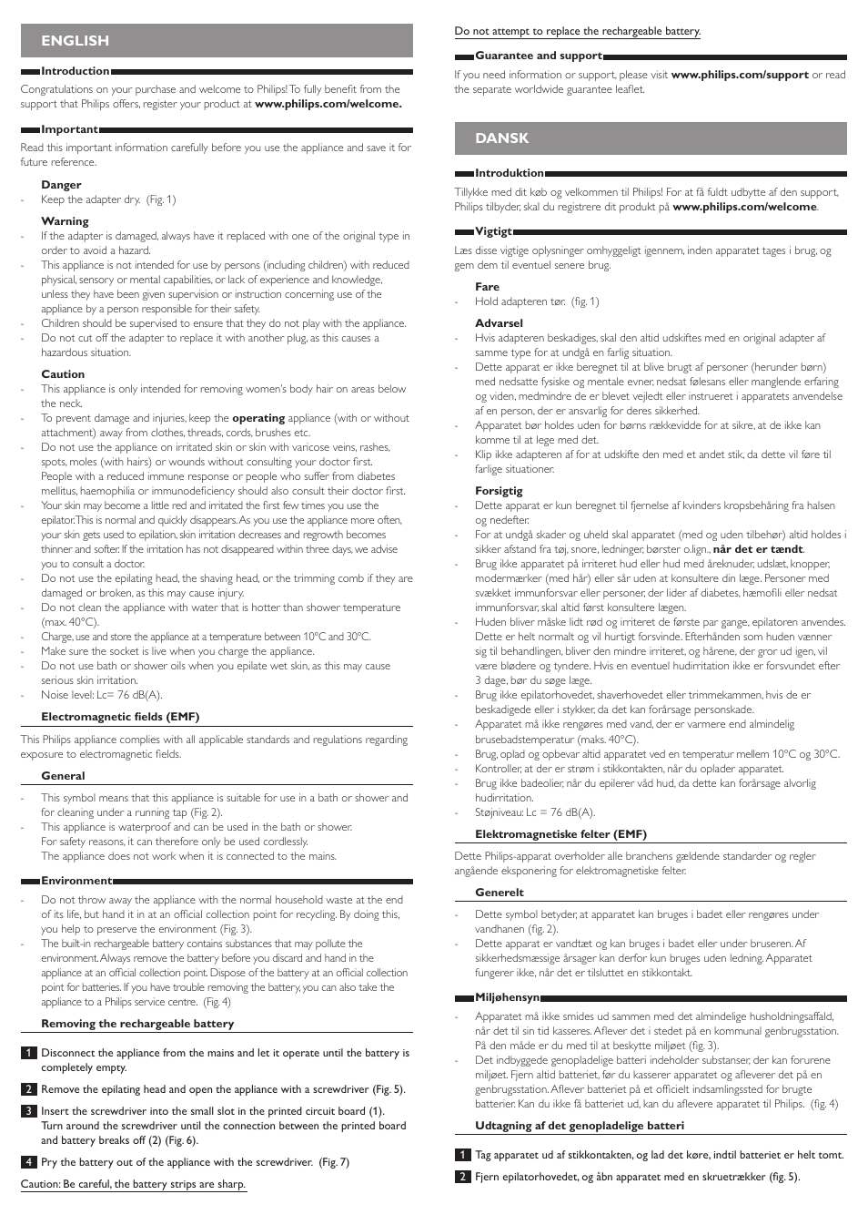 English, Dansk | Philips Sanftes Epilationsset. User Manual | Page 2 / 10