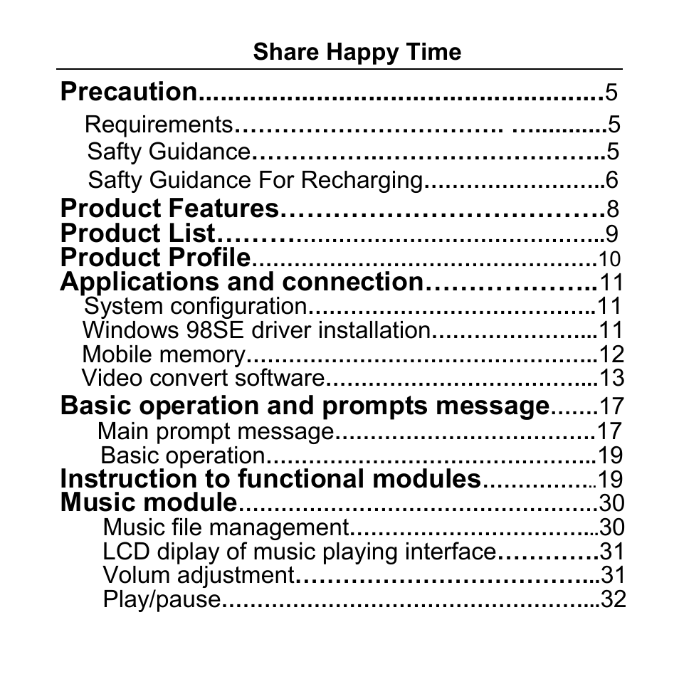 Precaution, Product features, Product list | Product profile, Applications and connection, Basic operation and prompts message, Instruction to functional modules, Music module | Aigo F029 User Manual | Page 2 / 63
