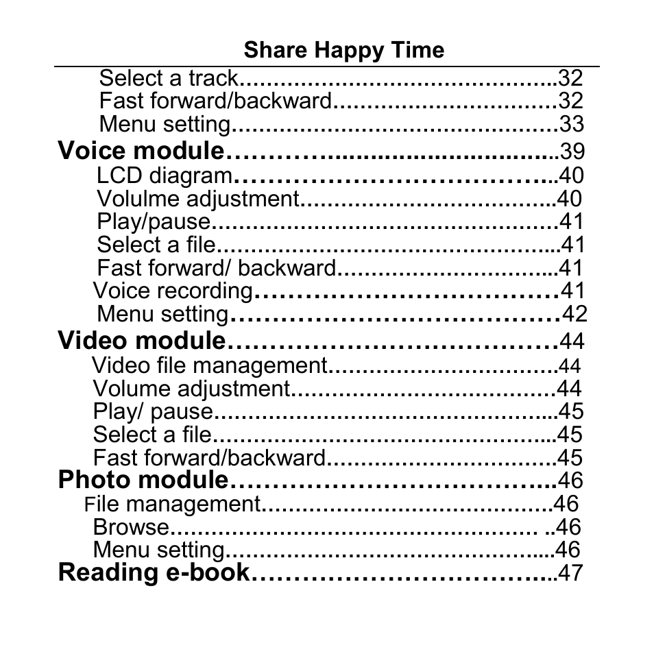 Voice module, Video module, Photo module | Reading e-book | Aigo F029 User Manual | Page 3 / 63