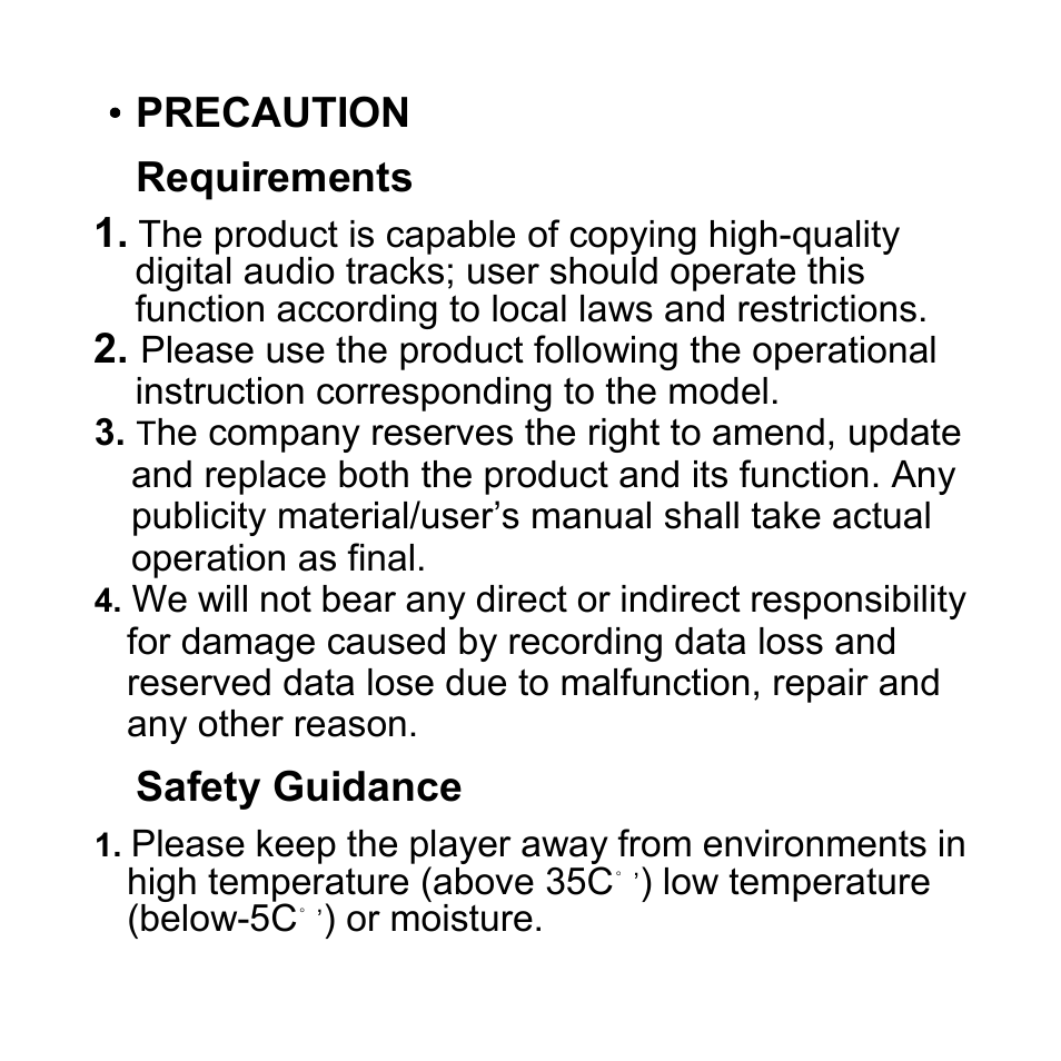 Requirements, Safety guidance, Precaution requirements 1 | Aigo F029 User Manual | Page 5 / 63