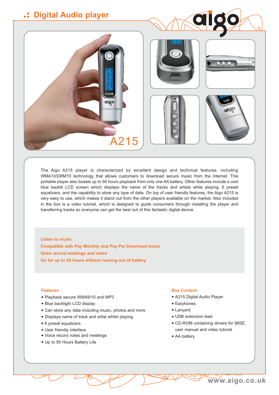 Aigo A215 User Manual | 2 pages