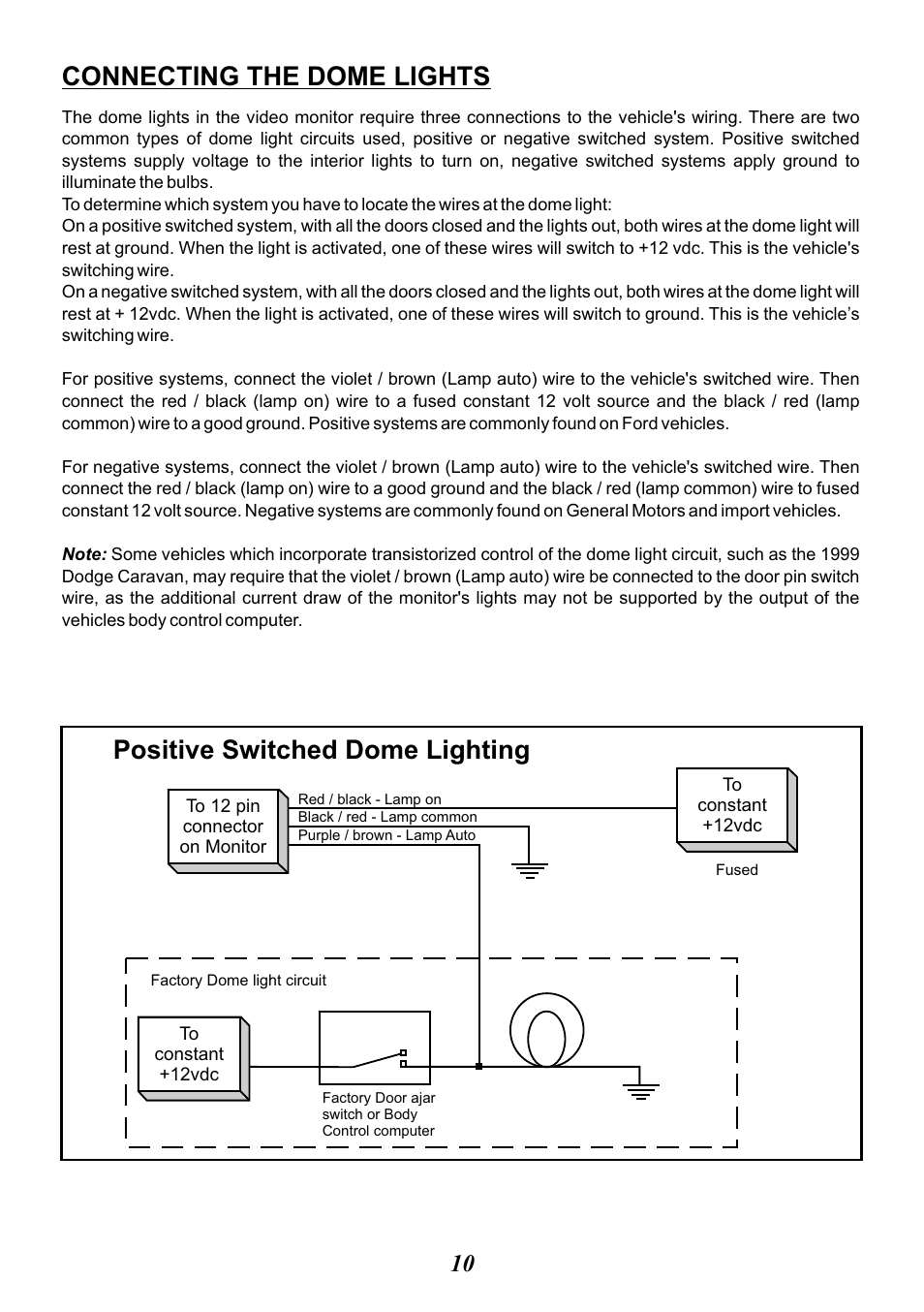 Connecting the dome lights, Positive switched dome lighting | Advent ADV38 User Manual | Page 10 / 12