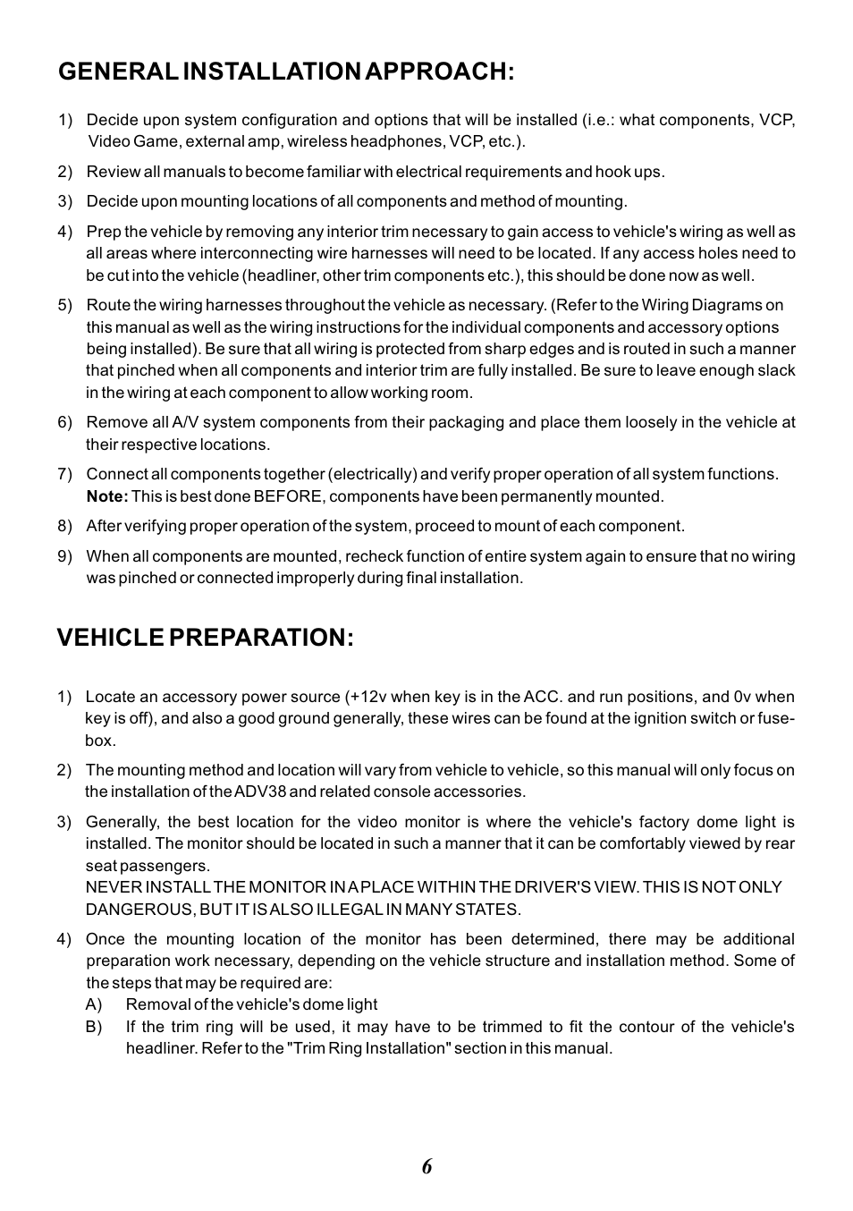 Vehicle preparation, General installation approach | Advent ADV38 User Manual | Page 6 / 12