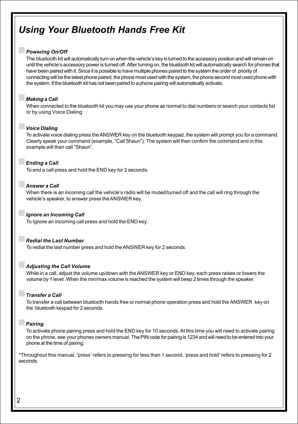Using your bluetooth hands free kit | Advent NISBTSW2 User Manual | Page 2 / 8