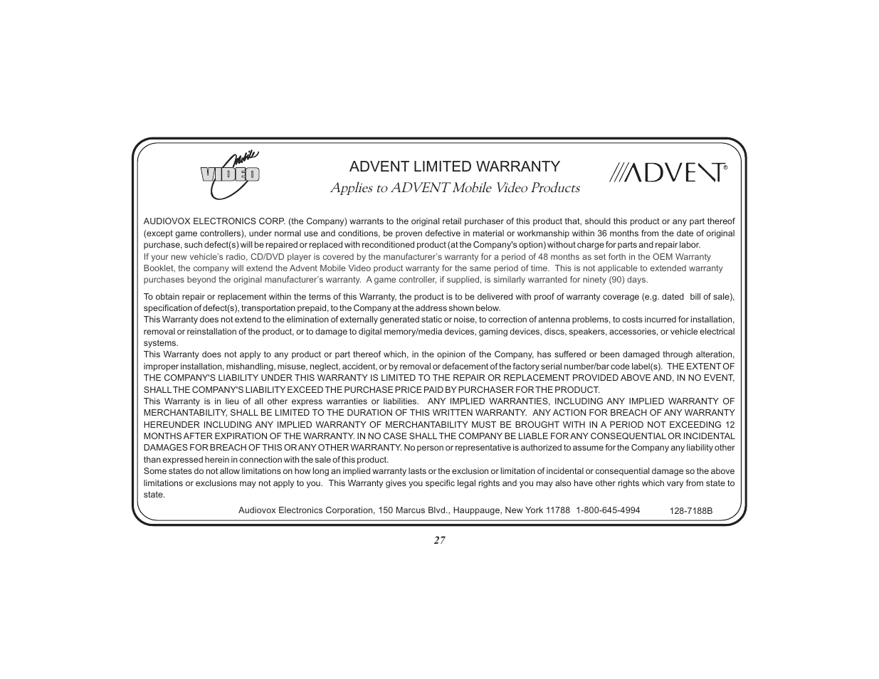 Advent limited warranty, Applies to advent mobile video products | Advent 128-8567 User Manual | Page 27 / 28