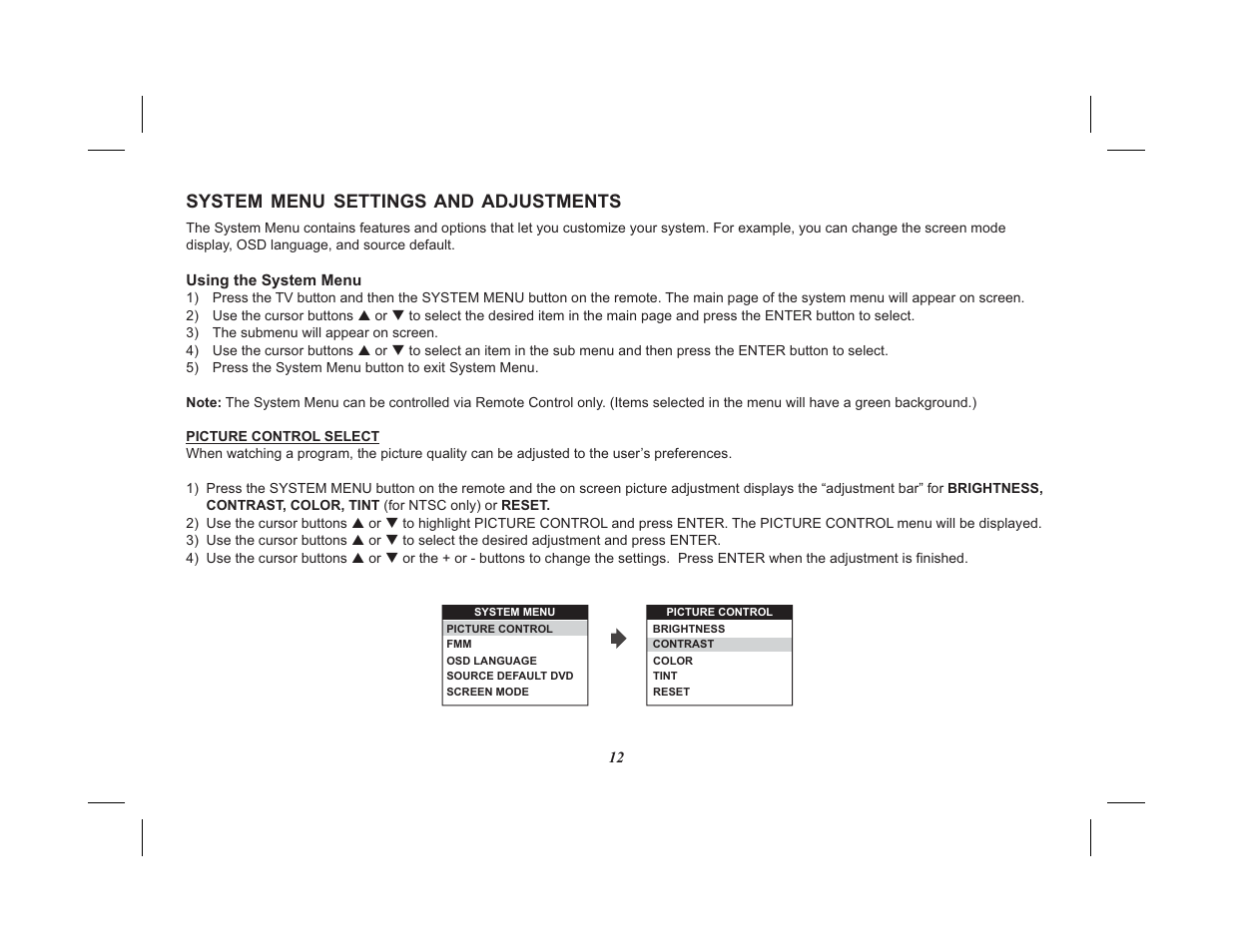 System menu settings and adjustments | Advent ADV10A User Manual | Page 12 / 28