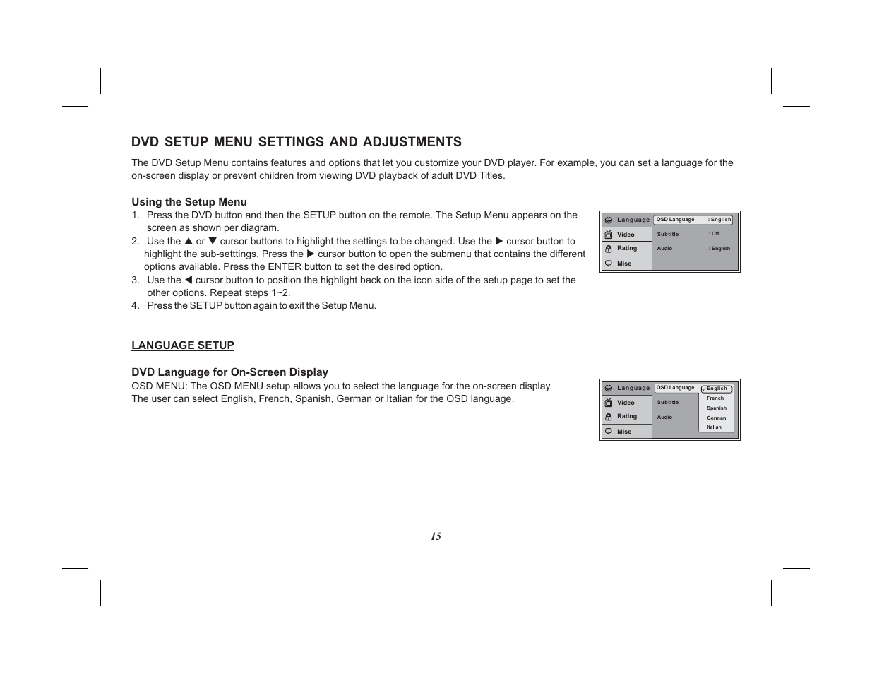 Dvd setup menu settings and adjustments, Language setup | Advent ADV10A User Manual | Page 15 / 28