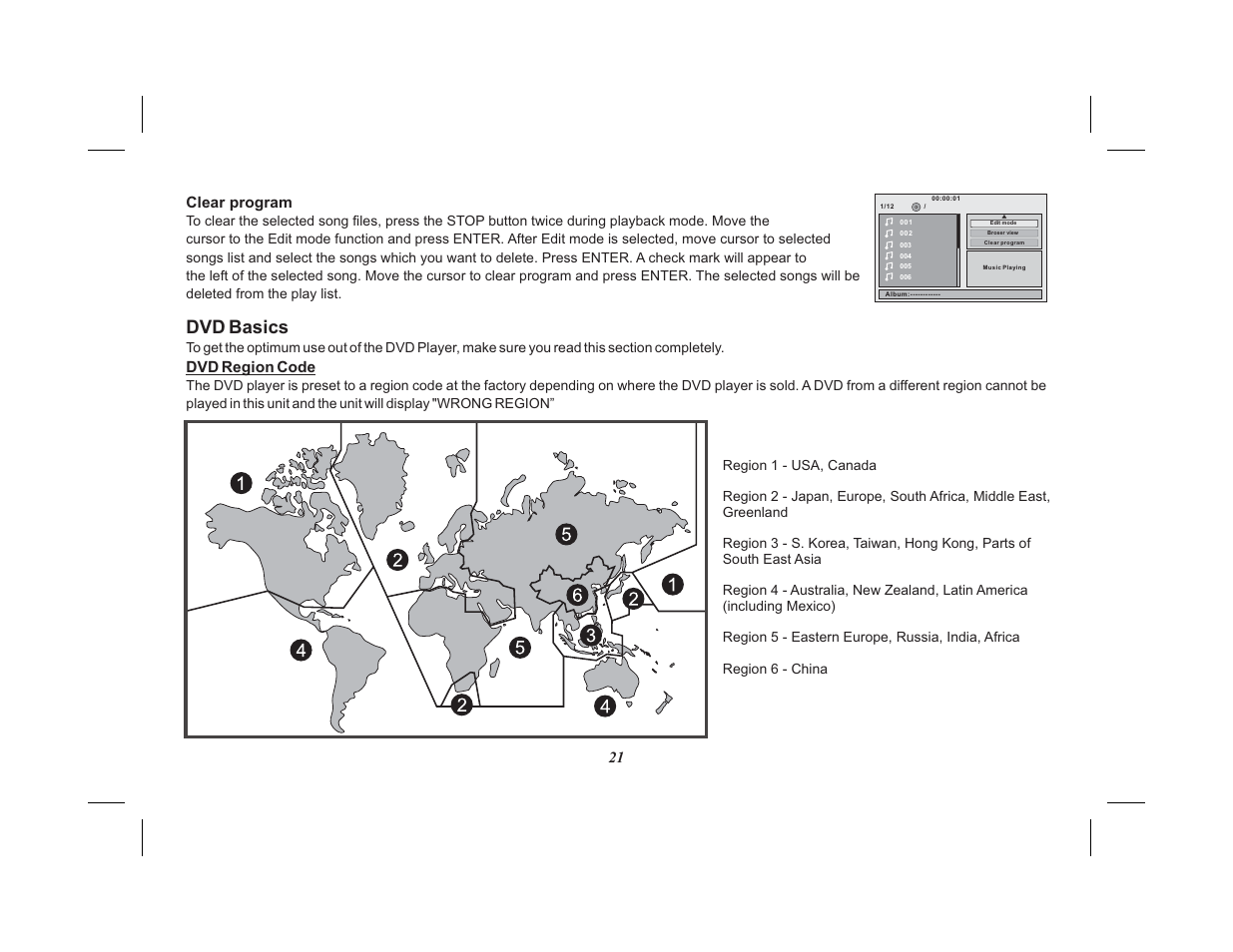 Dvd basics, 21 clear program, Dvd region code | Advent ADV10A User Manual | Page 21 / 28