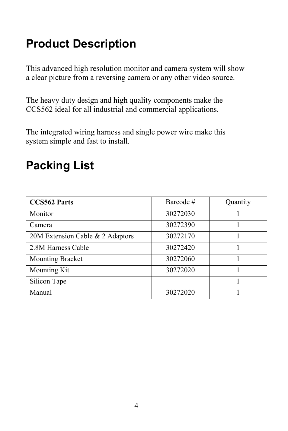 Product description, Packing list | Advent CCS562 User Manual | Page 4 / 10