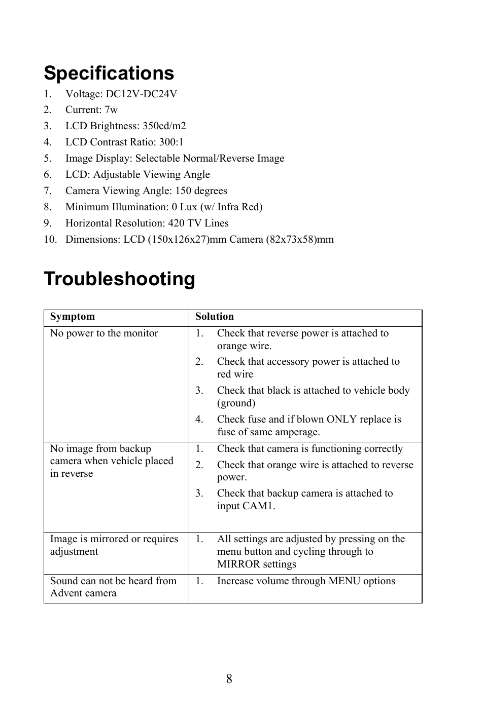 Specifications, Troubleshooting | Advent CCS562 User Manual | Page 8 / 10