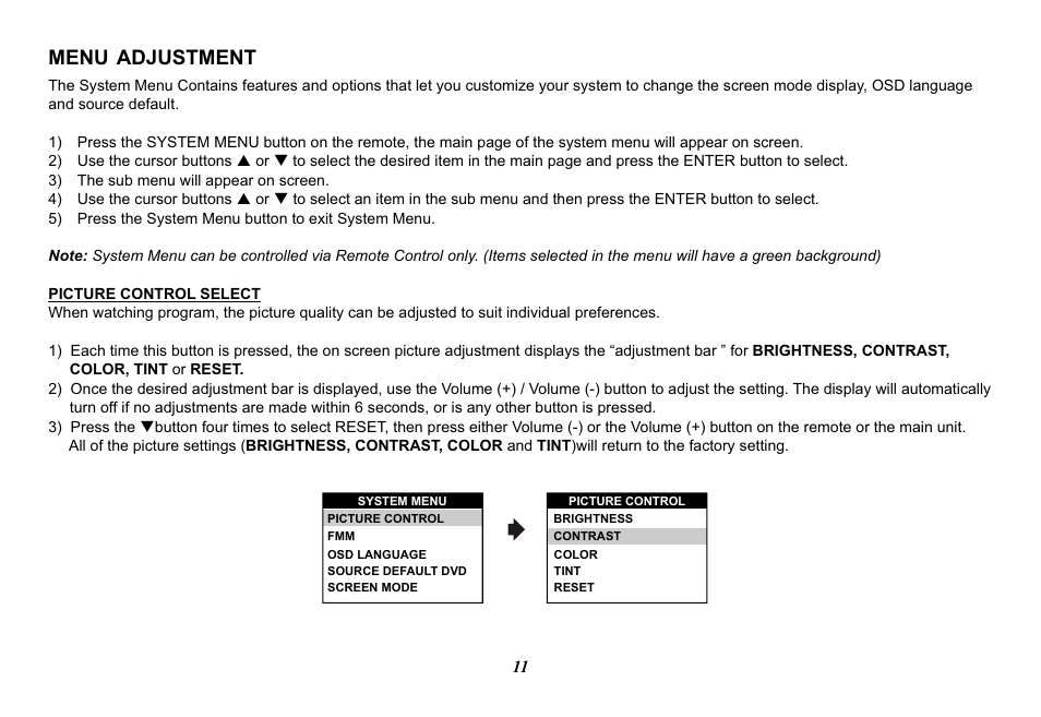 Menu adjustment | Advent VIDEO CROBILE ADV49 User Manual | Page 11 / 32