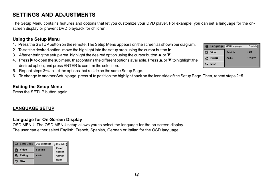 Settings and adjustments, Using the setup menu, Exiting the setup menu | Language setup language for on-screen display, Press the setup button again | Advent VIDEO CROBILE ADV49 User Manual | Page 14 / 32