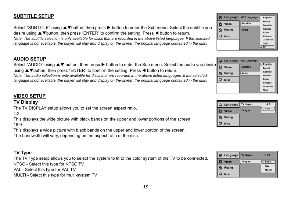 15 subtitle setup, Audio setup, Video setup tv display | Tv type | Advent VIDEO CROBILE ADV49 User Manual | Page 15 / 32