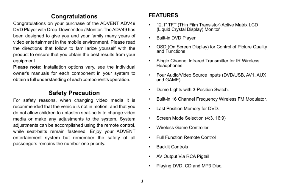 Safety precaution | Advent VIDEO CROBILE ADV49 User Manual | Page 3 / 32