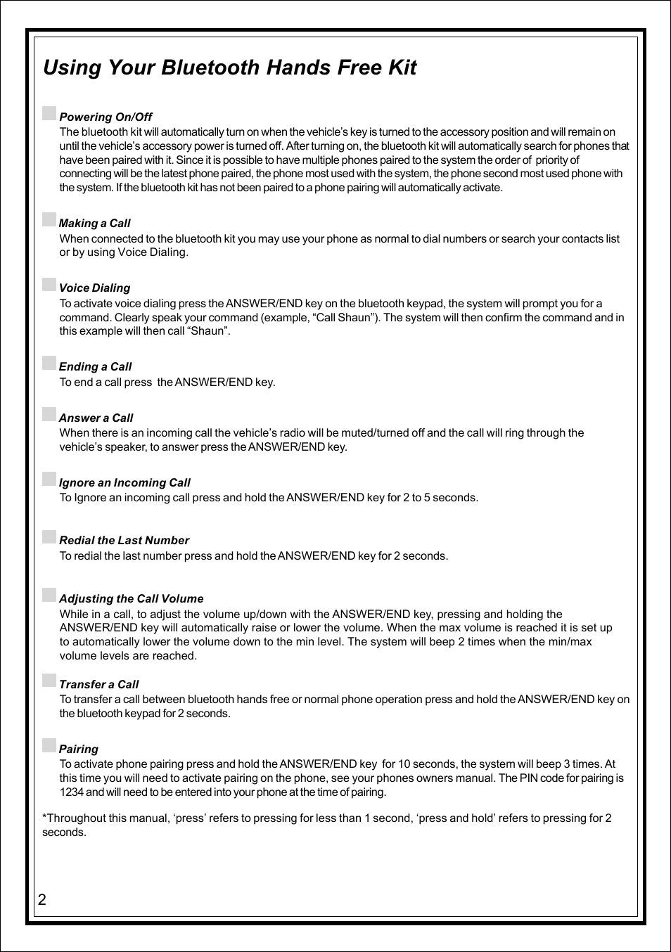 Using your bluetooth hands free kit | Advent UBTSW1 User Manual | Page 2 / 8