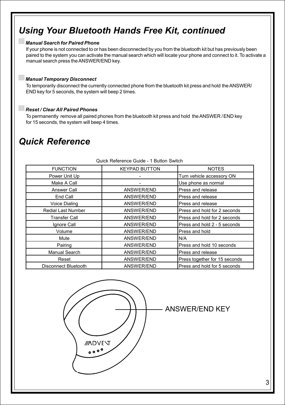 Using your bluetooth hands free kit, continued, Quick reference, Answer/end key | Advent UBTSW1 User Manual | Page 3 / 8