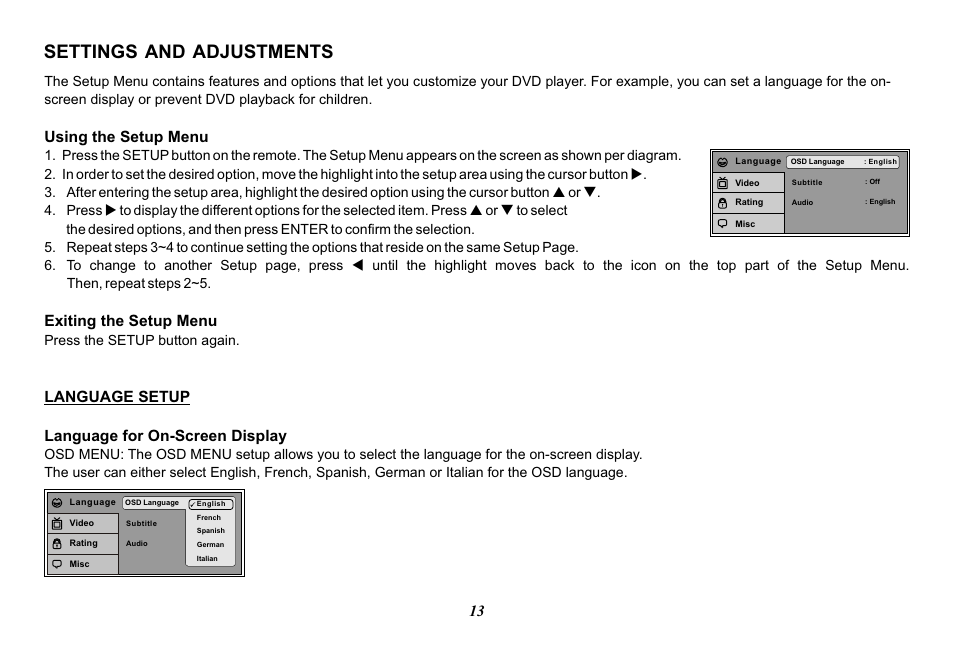 Settings and adjustments, Using the setup menu, Exiting the setup menu | Language setup language for on-screen display, Press the setup button again | Advent ADV29 User Manual | Page 13 / 32