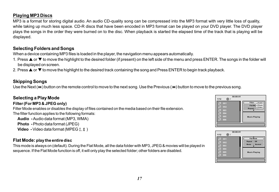 17 playing mp3 discs, Selecting folders and songs, Skipping songs | Selecting a play mode, Flat mode, Filter (for mp3 & jpeg only), Play the entire disc | Advent ADV29 User Manual | Page 17 / 32