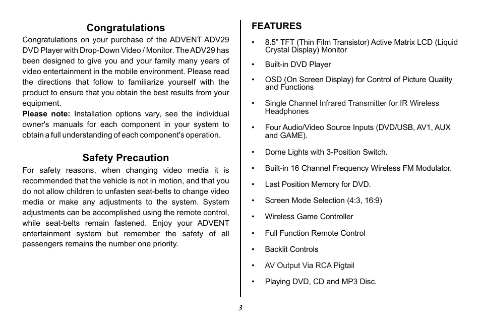 Safety precaution | Advent ADV29 User Manual | Page 3 / 32
