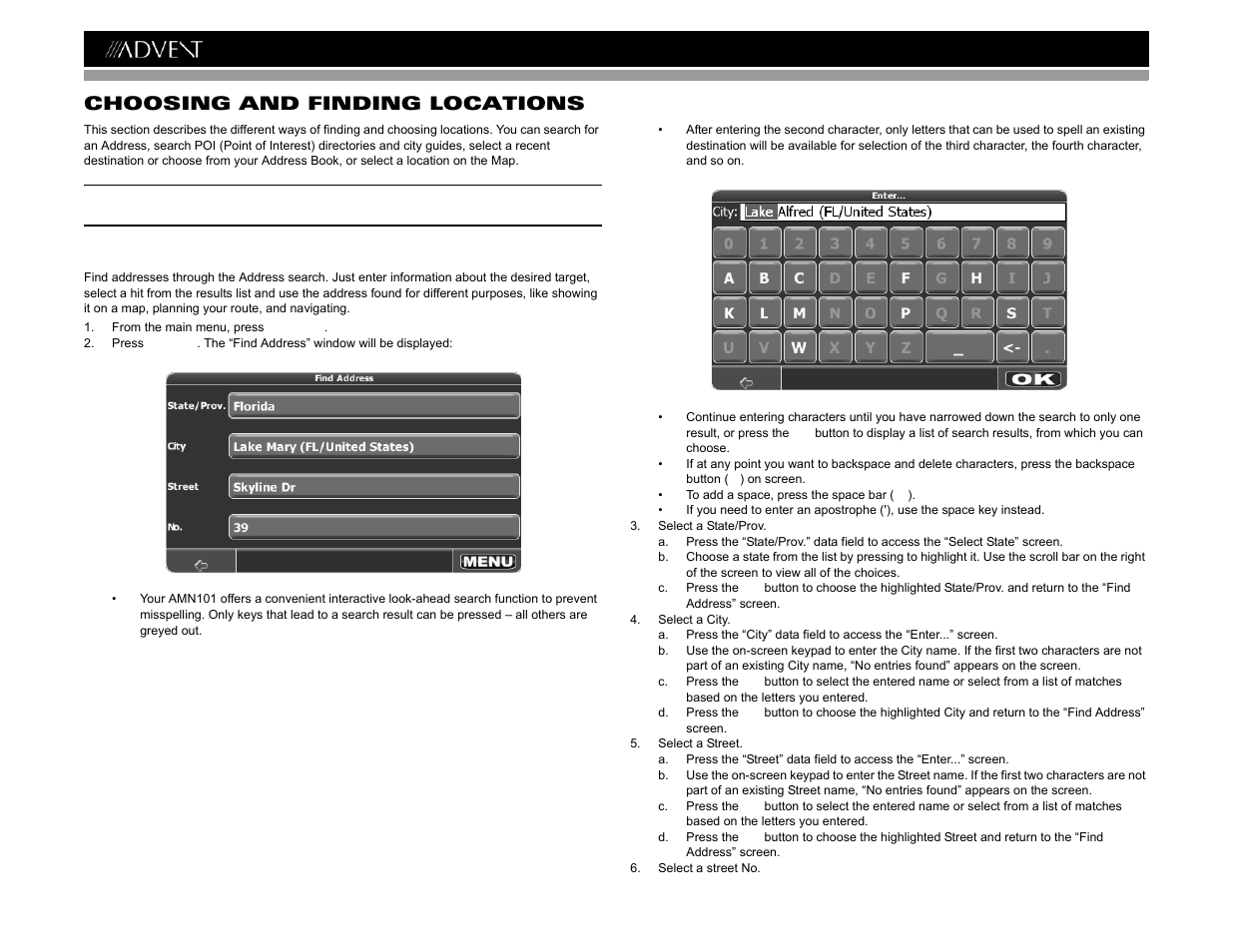 Amn101 choosing and finding locations | Advent AMN101 User Manual | Page 12 / 26