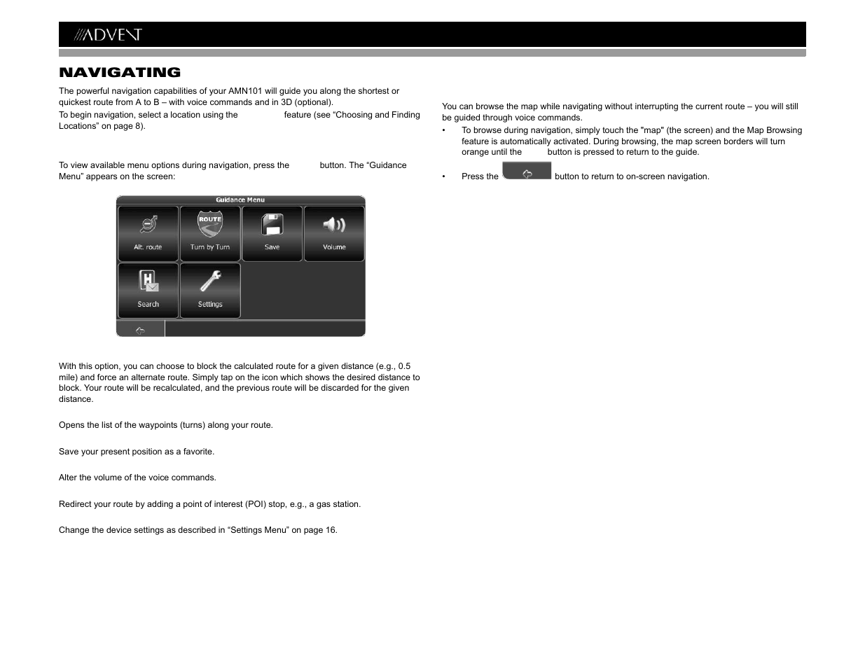 Amn101 navigating | Advent AMN101 User Manual | Page 16 / 26