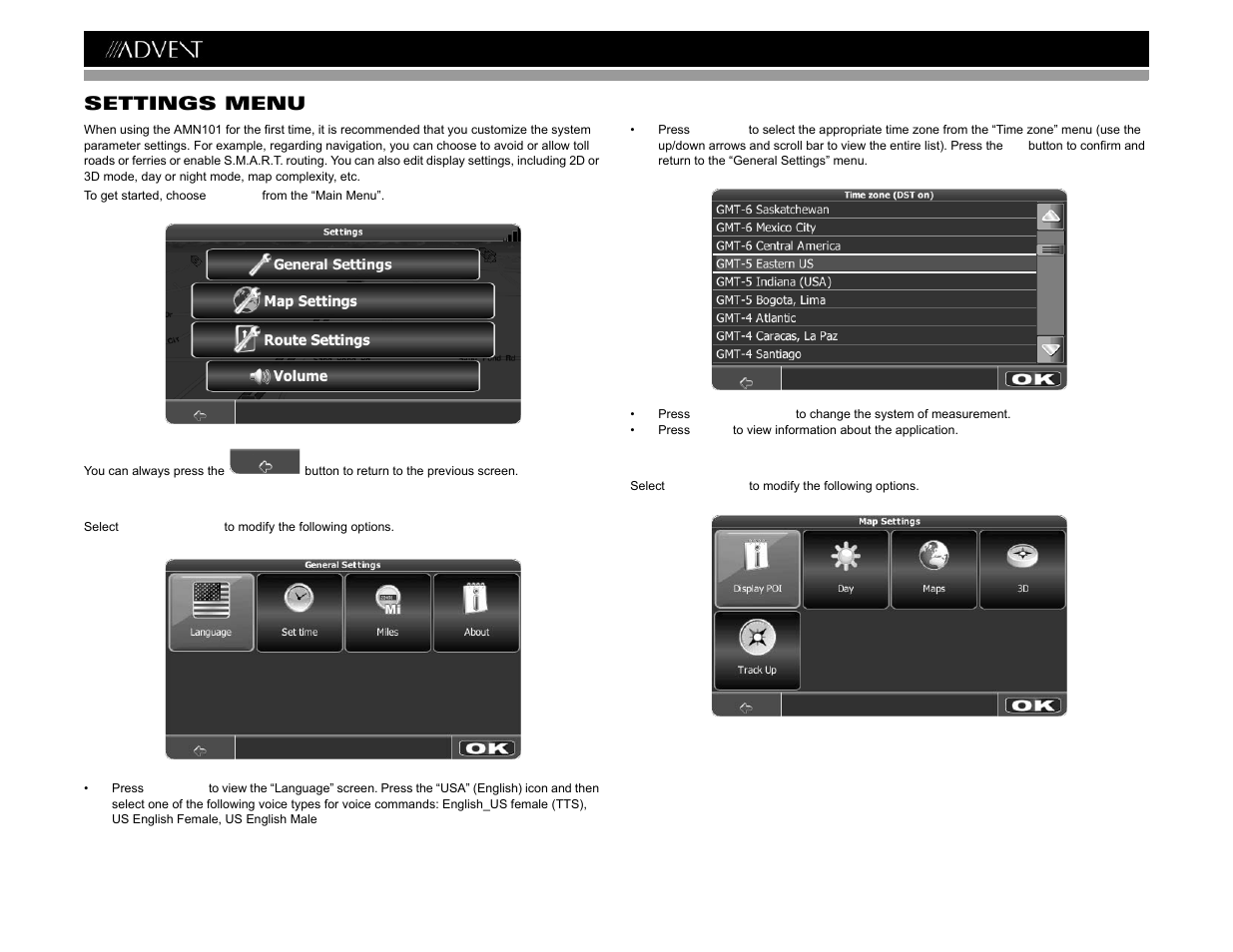 Amn101 settings menu | Advent AMN101 User Manual | Page 20 / 26