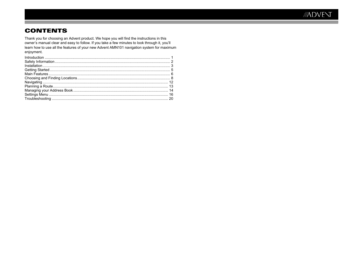 Amn101 contents | Advent AMN101 User Manual | Page 3 / 26