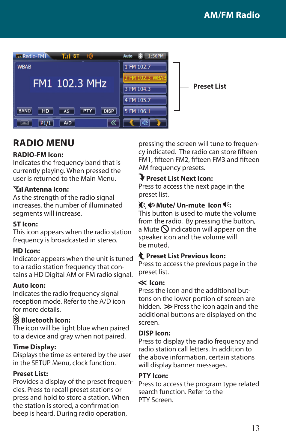 Radio menu, Am/fm radio | Advent TOCLJ-OE100 User Manual | Page 13 / 64