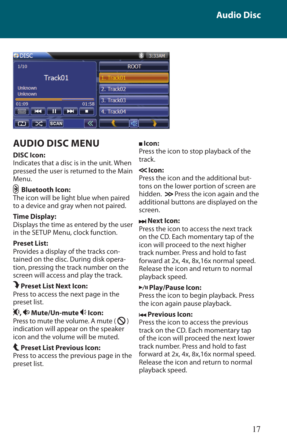 Audio disc menu, Audio disc | Advent TOCLJ-OE100 User Manual | Page 17 / 64