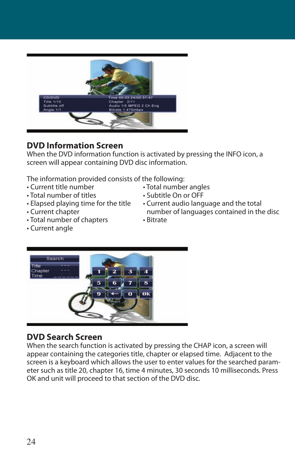 24 dvd information screen, Dvd search screen | Advent TOCLJ-OE100 User Manual | Page 24 / 64