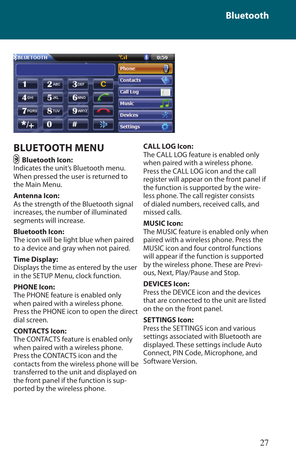 Bluetooth menu, Bluetooth | Advent TOCLJ-OE100 User Manual | Page 27 / 64
