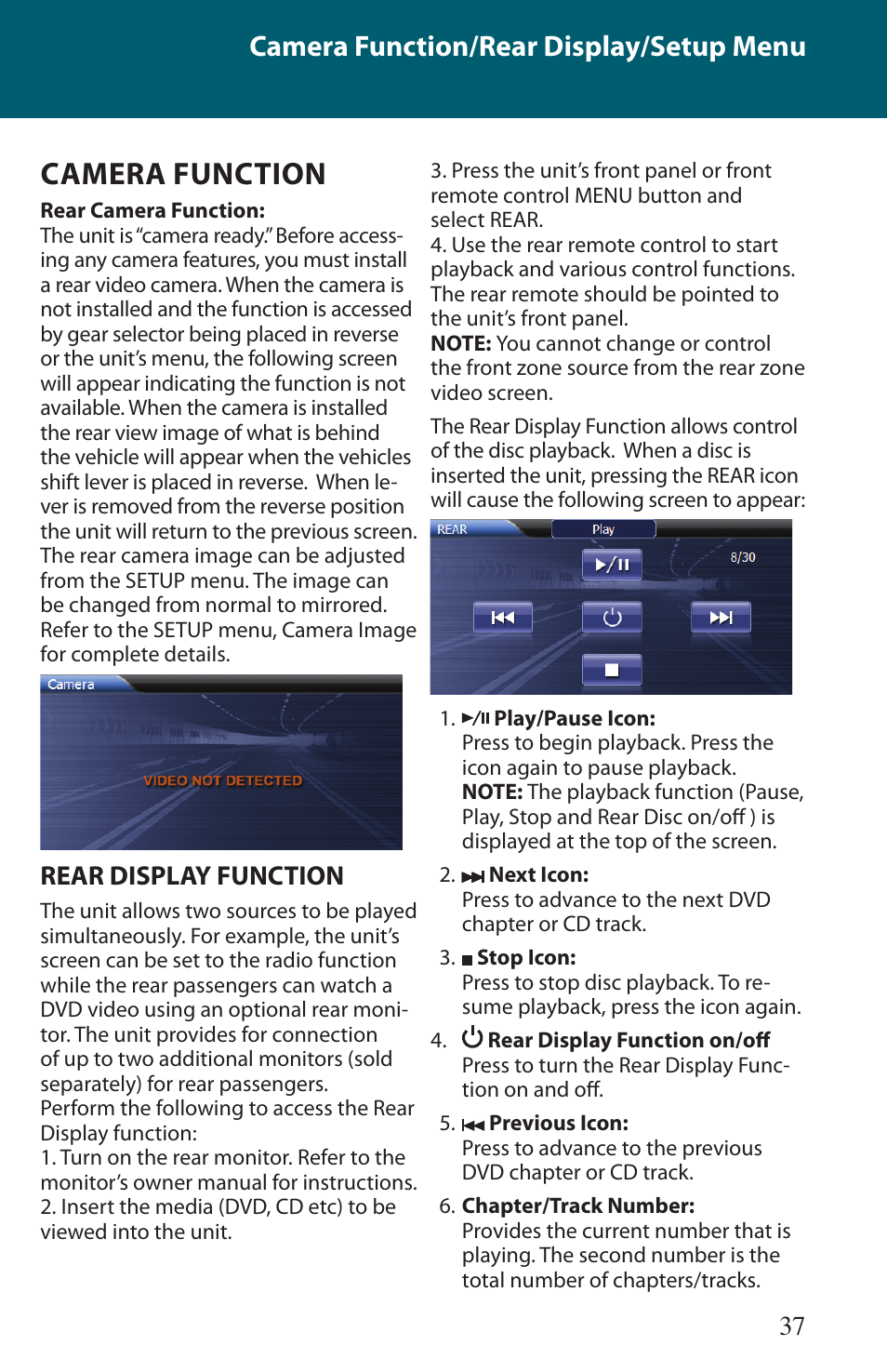 Camera function, Camera function/rear display/setup menu, Rear display function | Advent TOCLJ-OE100 User Manual | Page 37 / 64