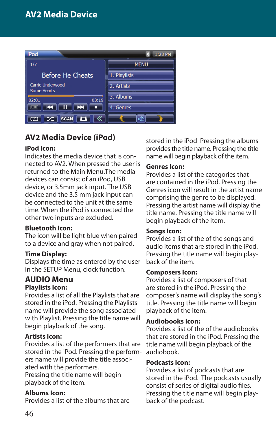 Av2 media device, 46 av2 media device (ipod), Audio menu | Advent TOCLJ-OE100 User Manual | Page 46 / 64