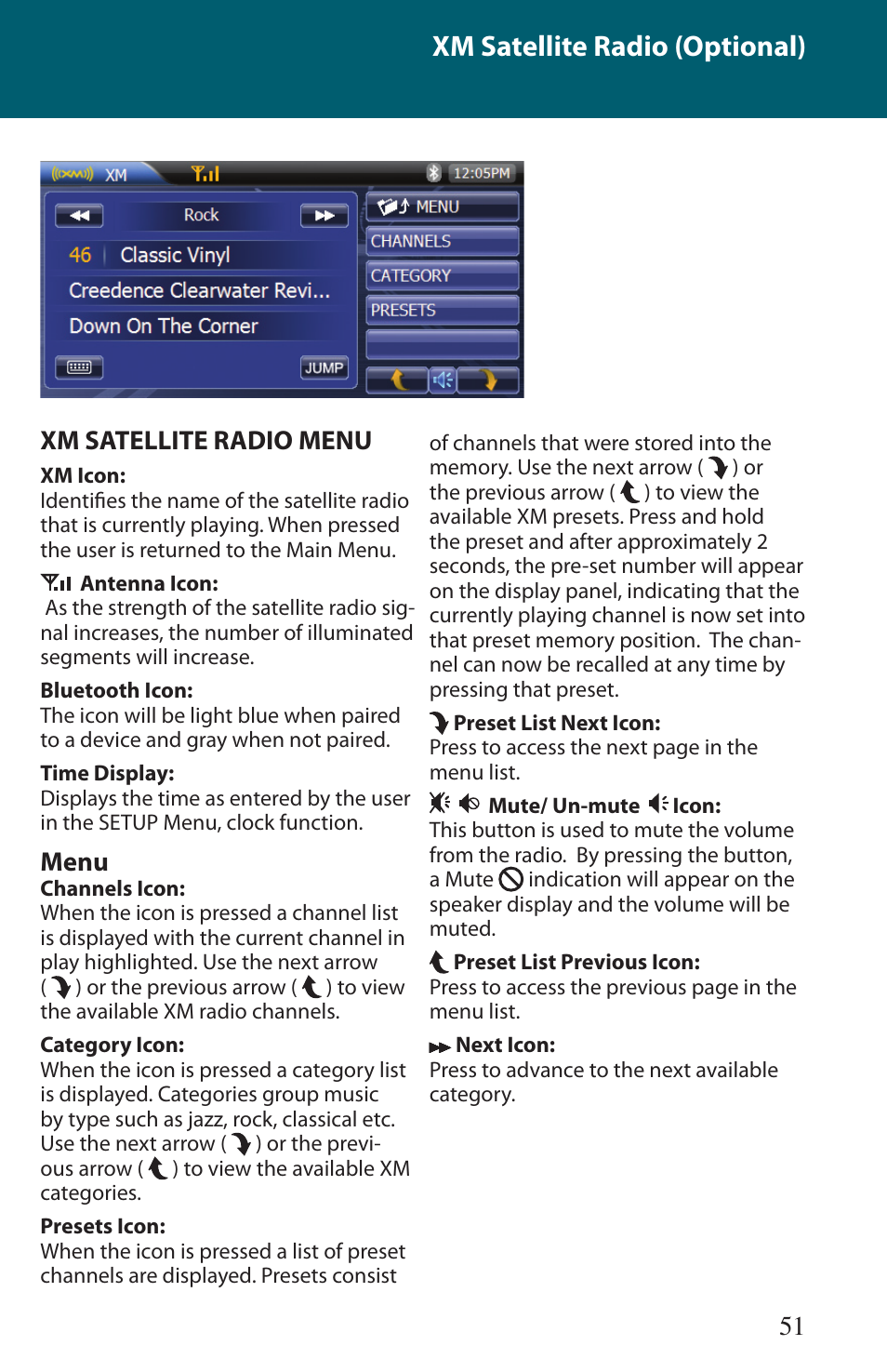 Xm satellite radio (optional), 51 xm satellite radio menu, Menu | Advent TOCLJ-OE100 User Manual | Page 51 / 64