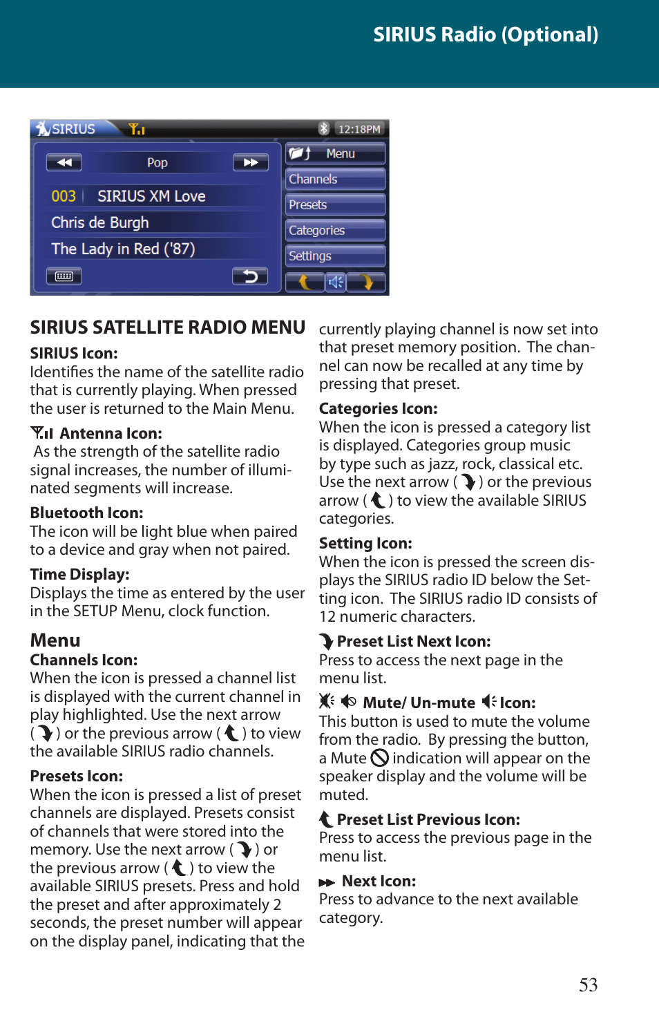 Sirius radio (optional), 53 sirius satellite radio menu, Menu | Advent TOCLJ-OE100 User Manual | Page 53 / 64