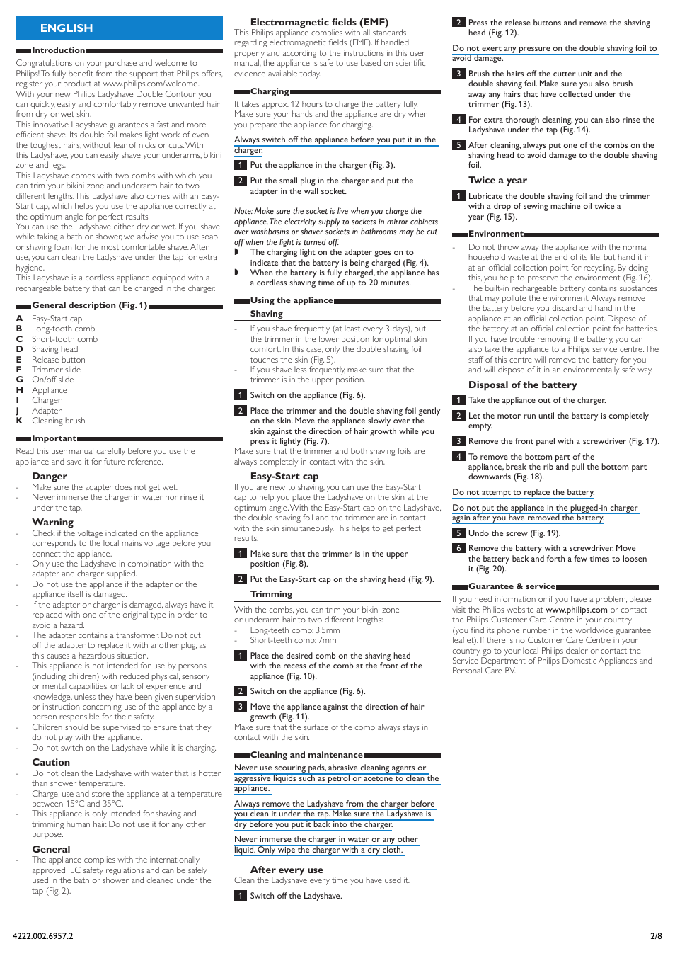 English | Philips Double Contour Ladyshave User Manual | Page 2 / 8