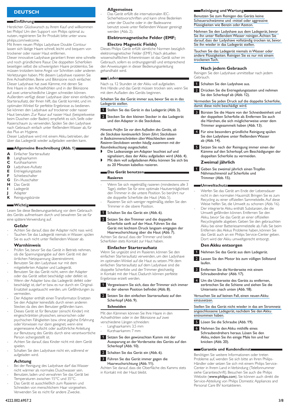 Deutsch | Philips Double Contour Ladyshave User Manual | Page 3 / 8