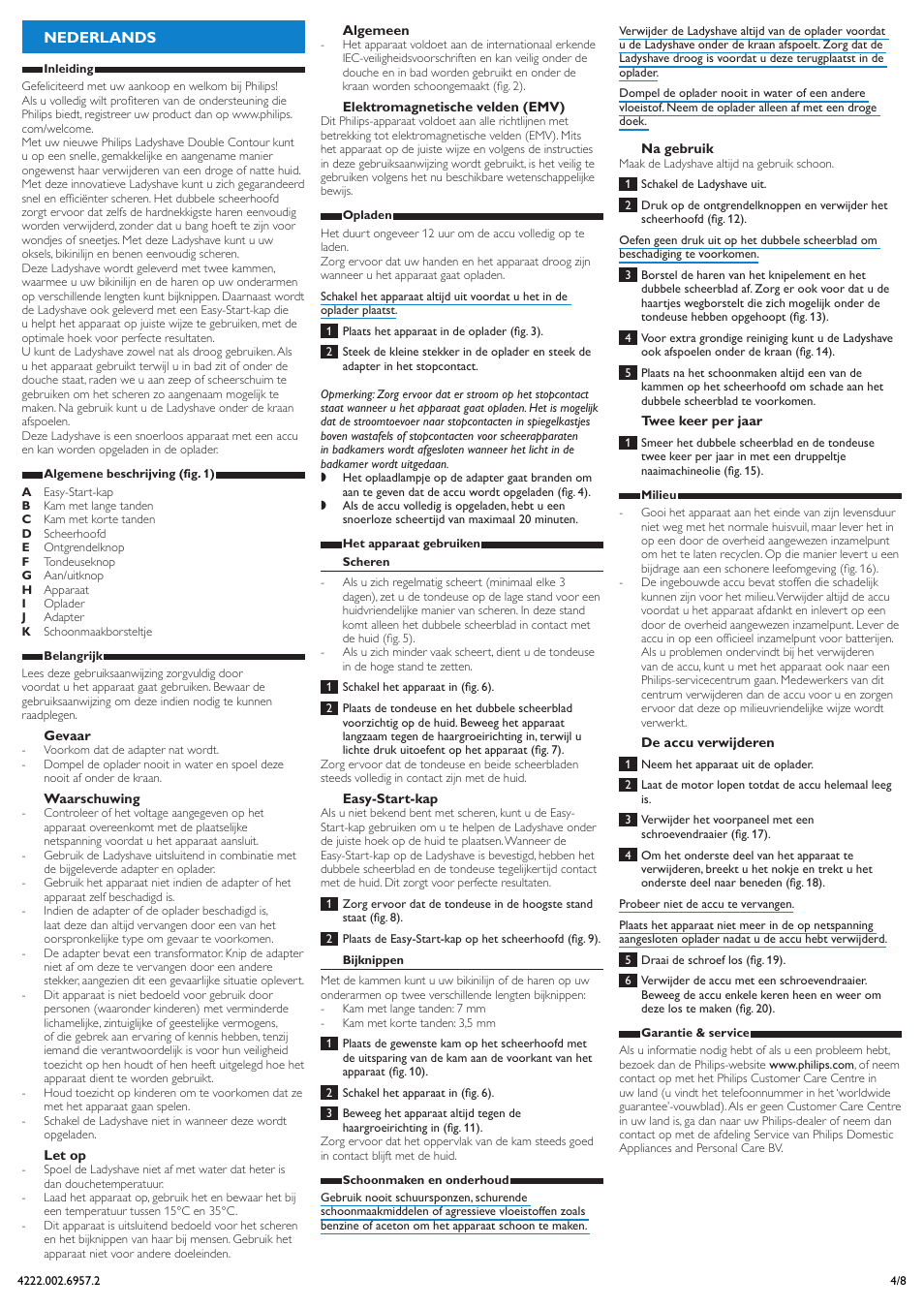 Nederlands | Philips Double Contour Ladyshave User Manual | Page 4 / 8