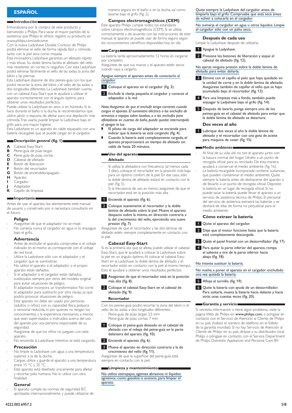 Español | Philips Double Contour Ladyshave User Manual | Page 5 / 8