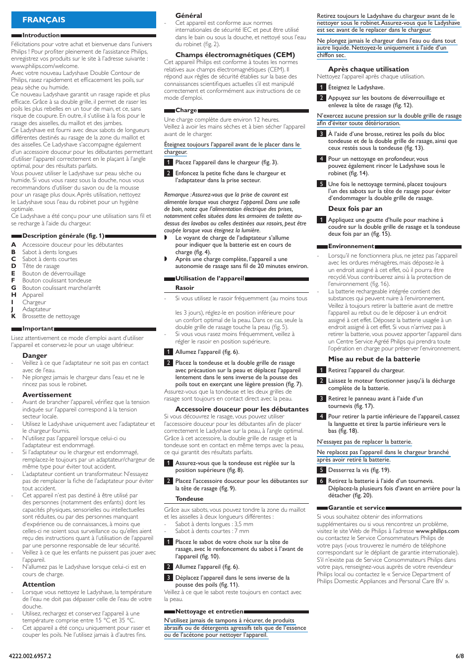 Français | Philips Double Contour Ladyshave User Manual | Page 6 / 8