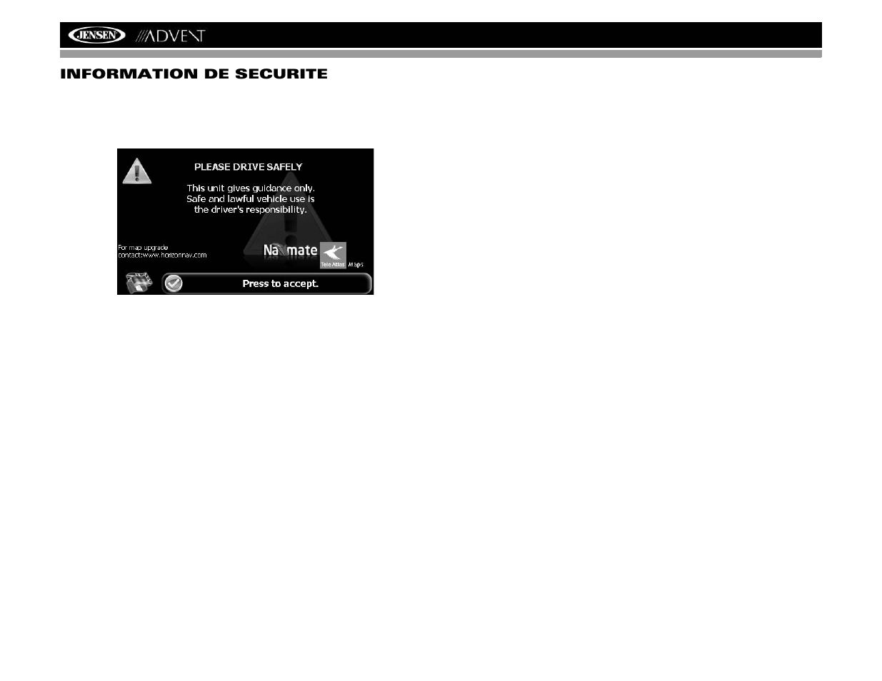 Nav102 avec la navmate information de securite | Advent NAV102 User Manual | Page 62 / 92