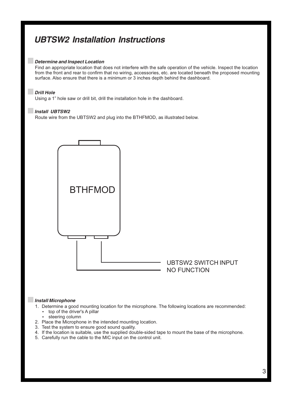 Bthfmod, Ubtsw2 installation instructions, Ubtsw2 switch input no function | Advent UBTSW2 User Manual | Page 3 / 4