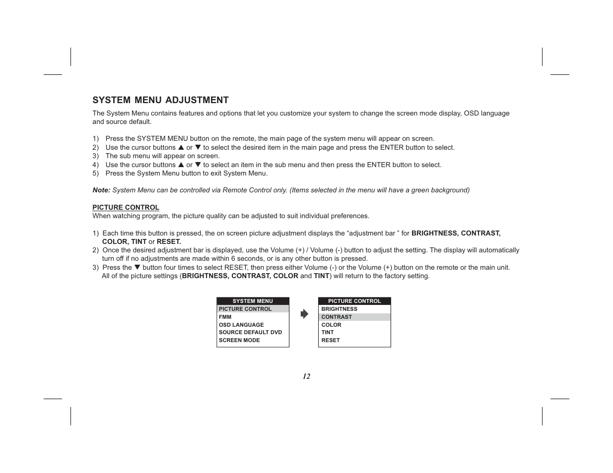 System menu adjustment | Advent VIDEO MOBILE ADV38 User Manual | Page 16 / 32