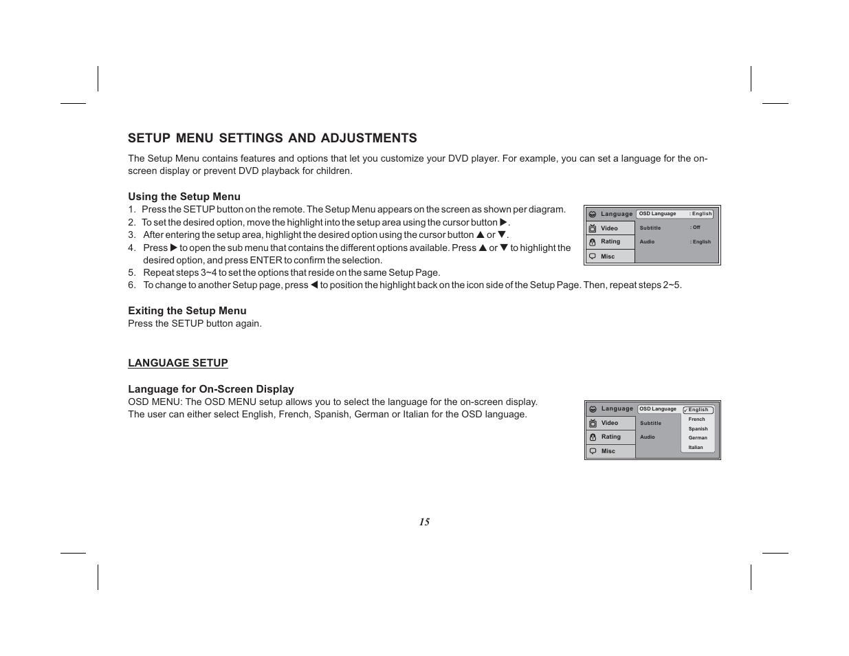Setup menu settings and adjustments, Language setup | Advent VIDEO MOBILE ADV38 User Manual | Page 19 / 32