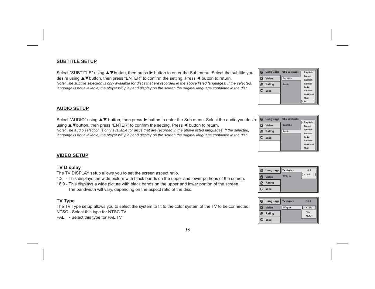 16 subtitle setup audio setup, Video setup tv display tv type | Advent VIDEO MOBILE ADV38 User Manual | Page 20 / 32